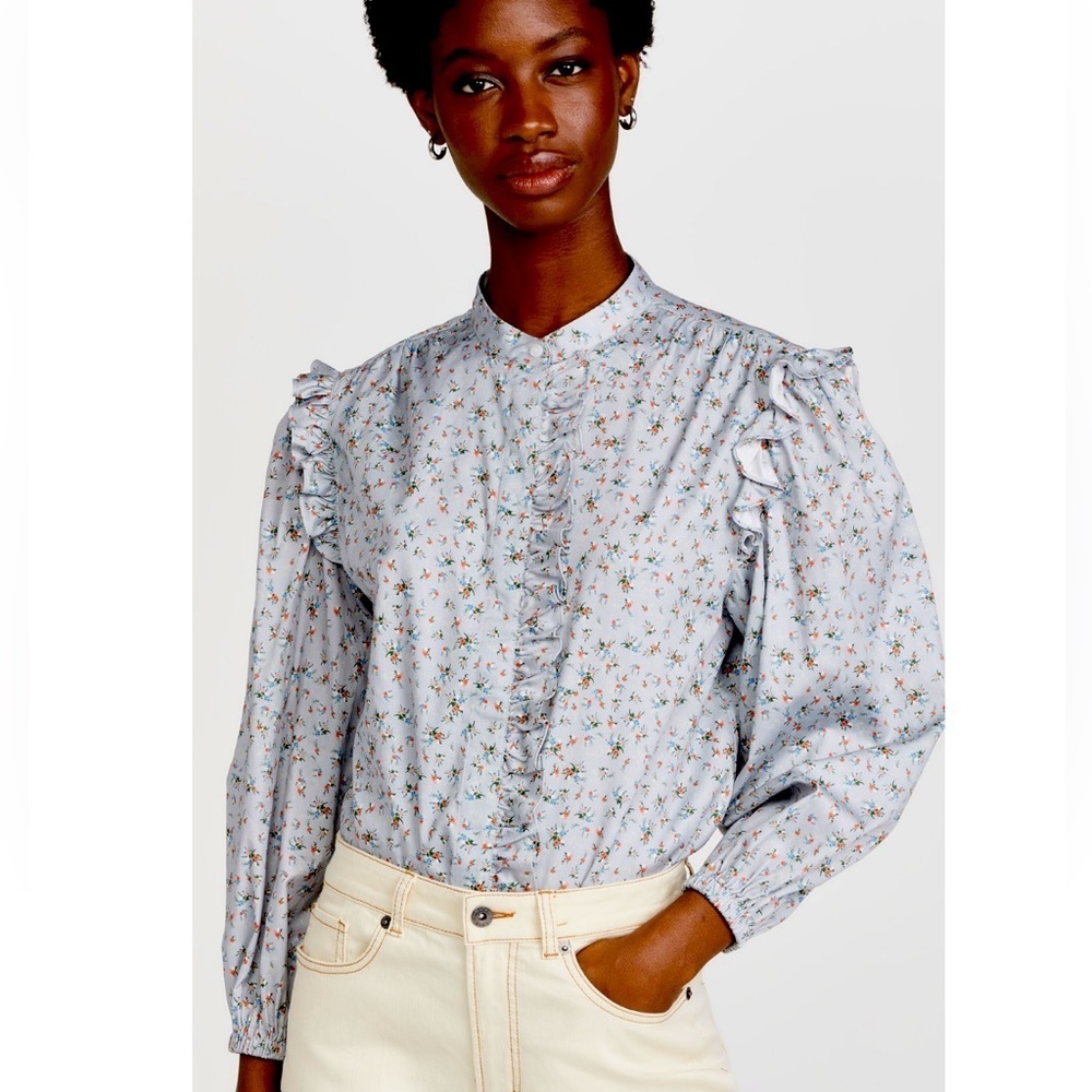 Something Navy floral ruffle blouse